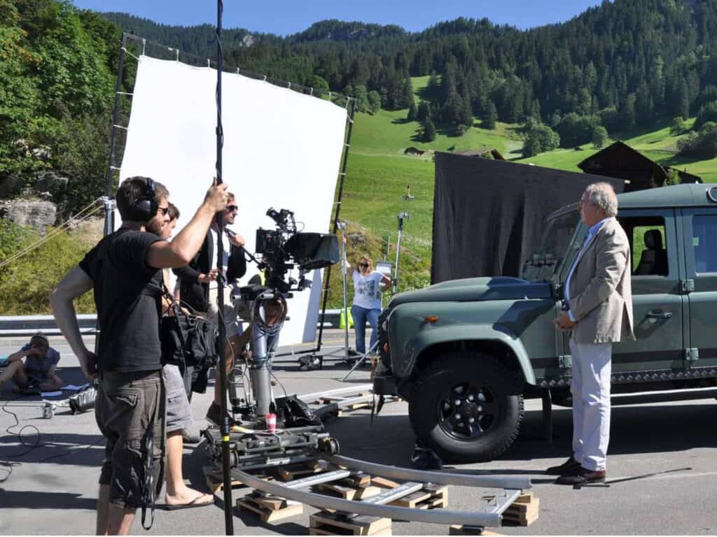 Film crew at film set in mountains