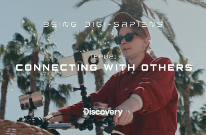 woman on bike with tech